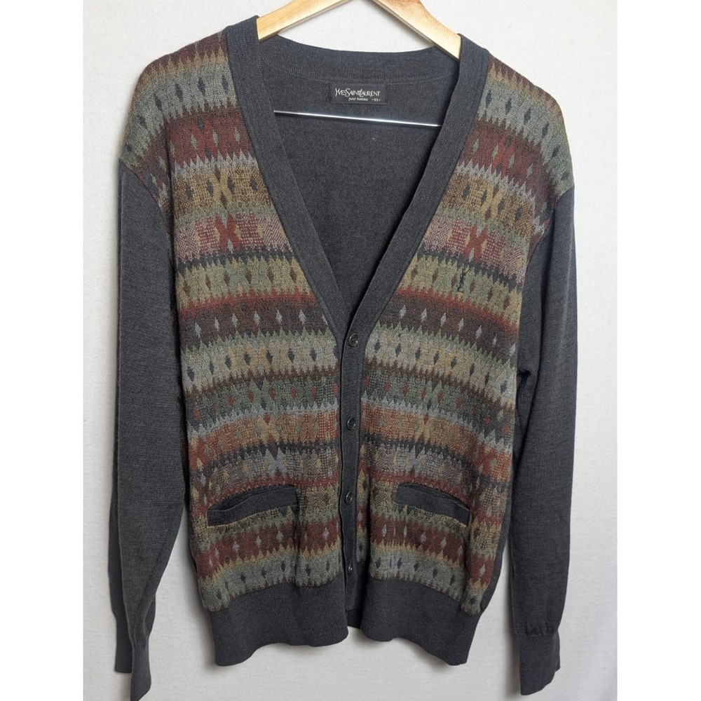 VTG Yves Saint Laurent Cardigan Sweater Mens Pure Wool Patterned Gray YSL Holes